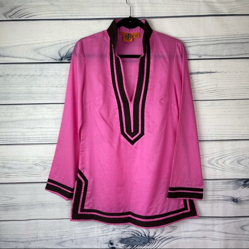 Tory Burch Pink Split Neck Long Cotton Tunic